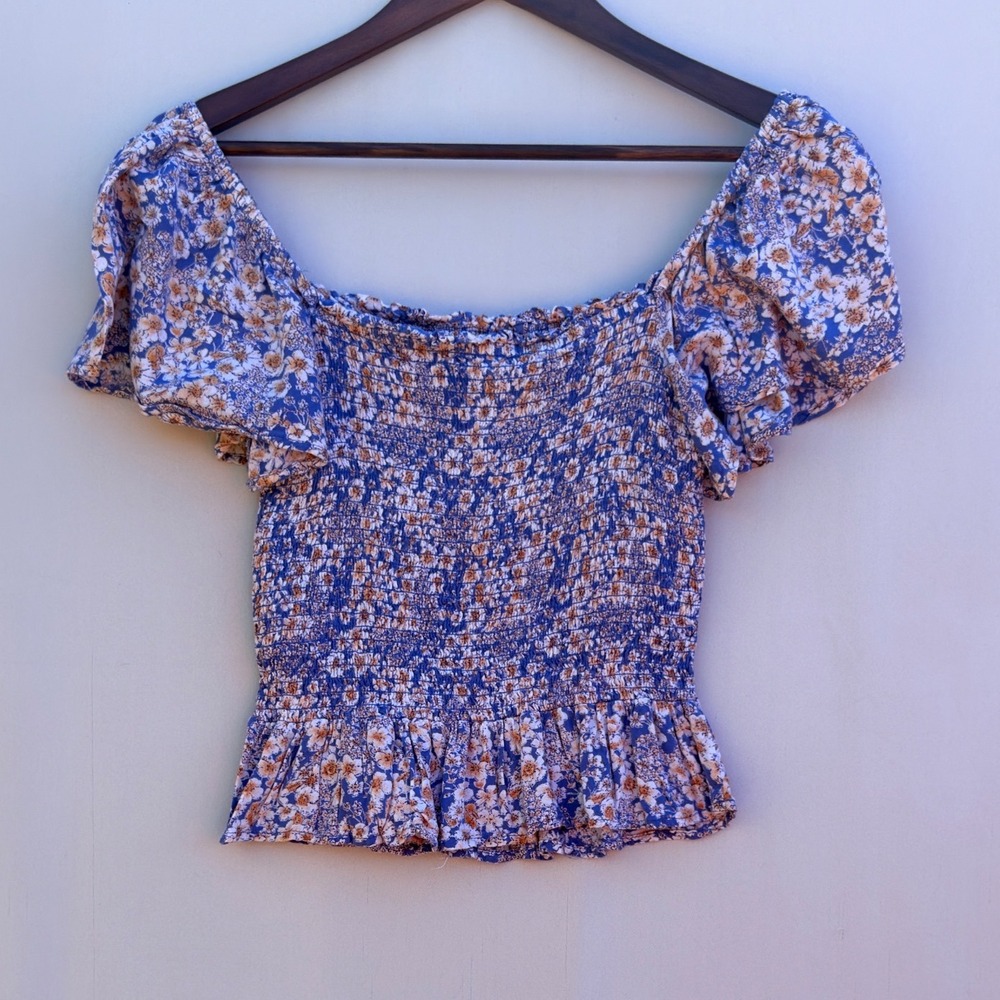 Blue Floral Milkmaid Smocked Peplum Top Cottagecore Fairycore - Picture 8 of 9